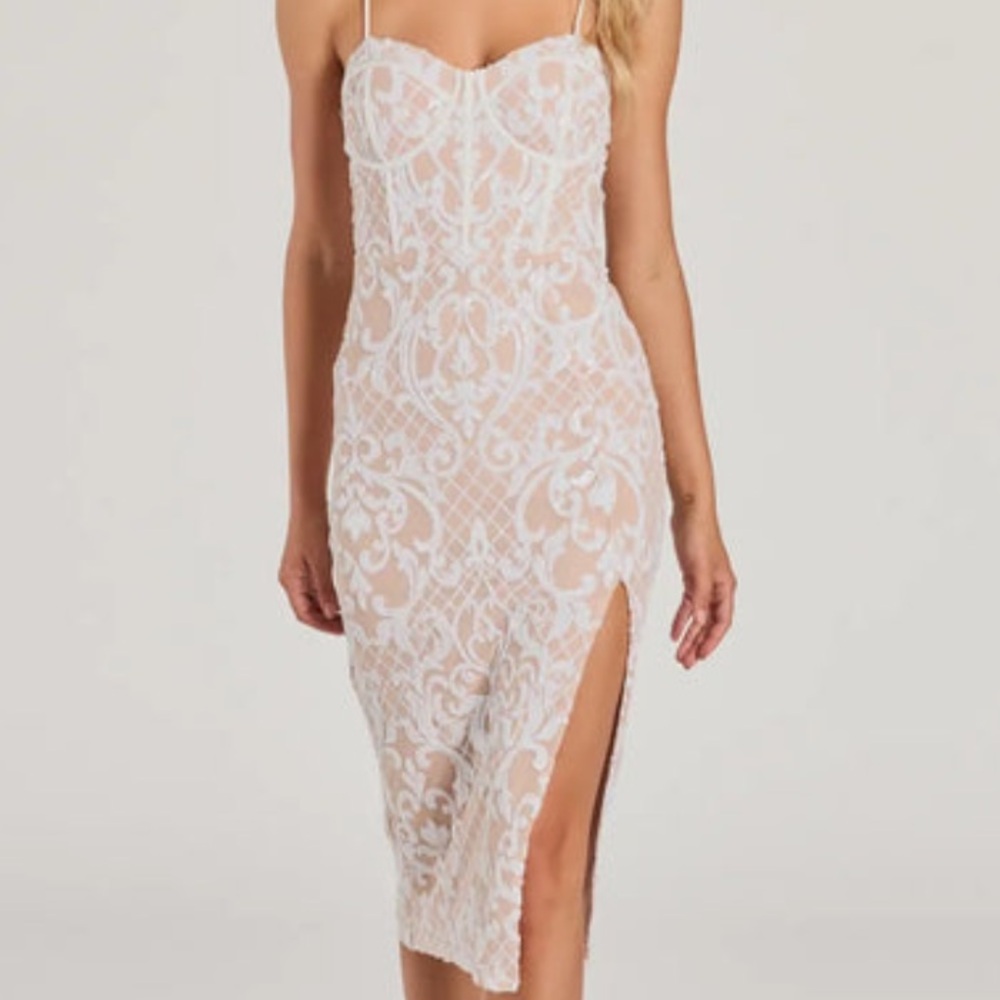 Nude and white embroidered sequin midi dress with slit